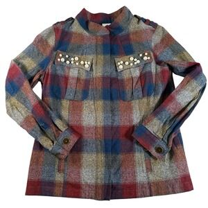 CABI Pearl Embellished Full‎ Zip Jacket Women's Medium Plaid Artsy Unique Boho